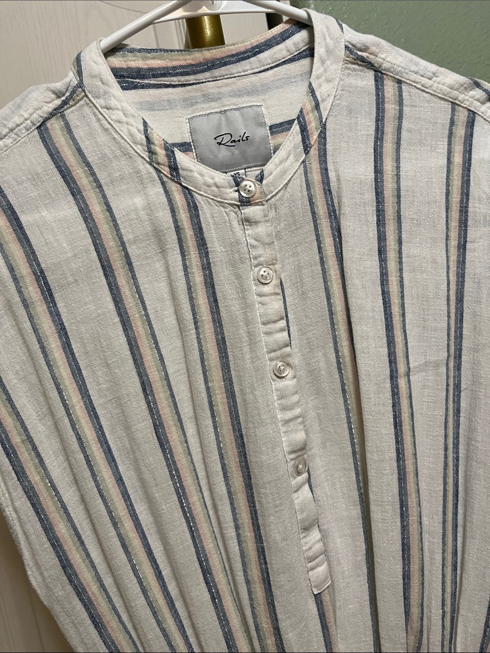 Rails Ivory Band-Collar Shirt with Blue and Pink Stripes NEW XS